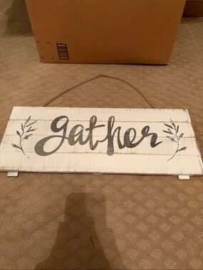 Gather Rustic White Wood Wall Sign with Gray Script